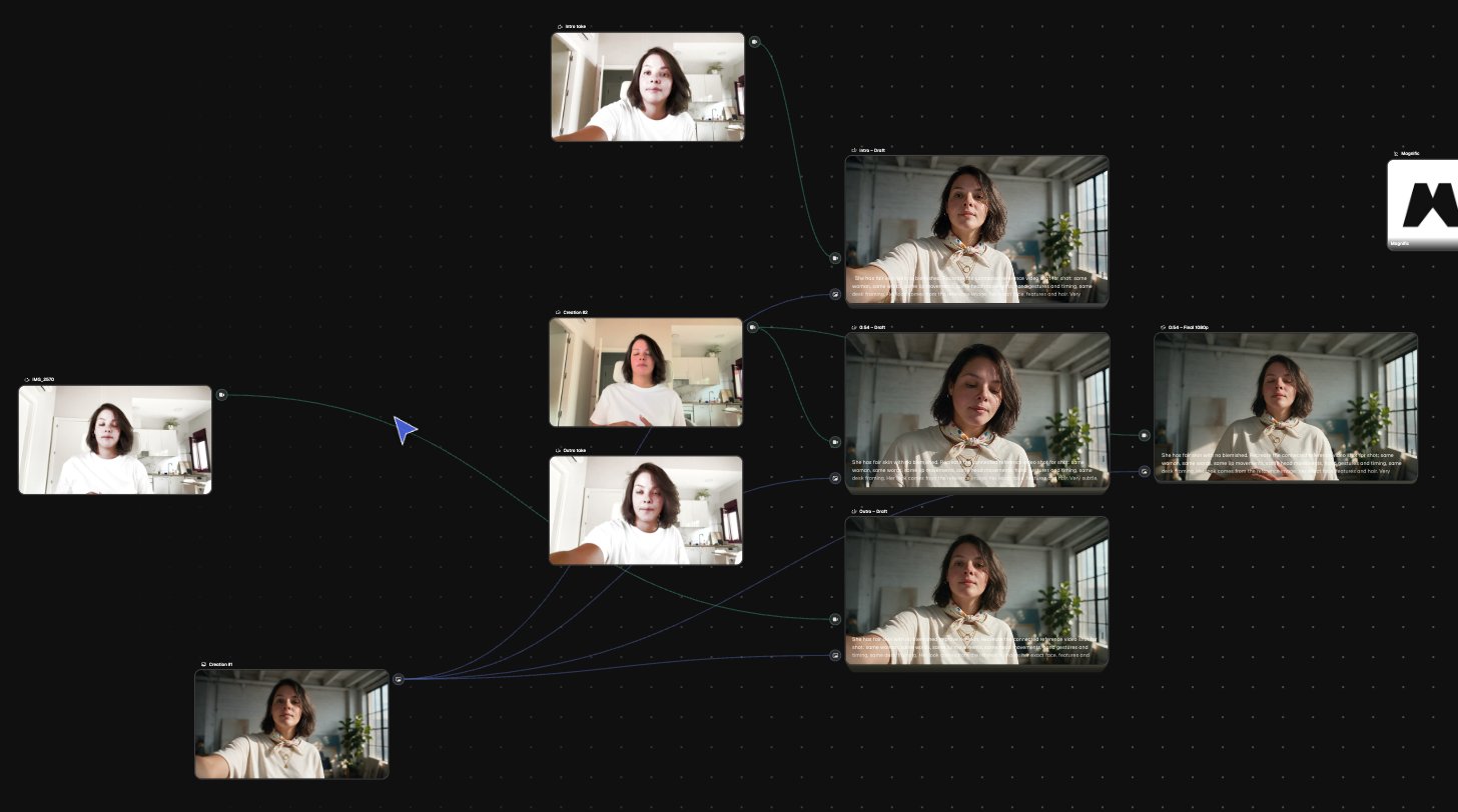 The Magnific Space Claude wired through the MCP: raw takes and a look image feeding video generator nodes