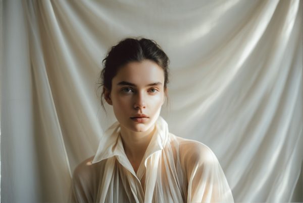 Base portrait that sets the style: a woman in a cream blouse before draped fabric